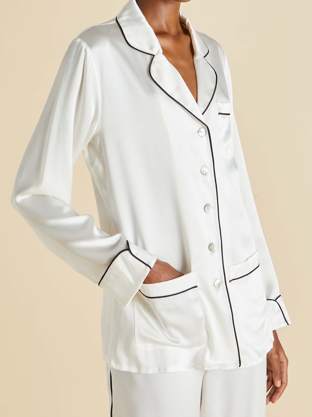Olivia Von Halle White Wide-Leg Satin Pajama Pants With Black Piping — image 2 of 8